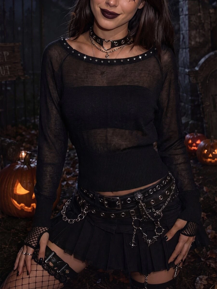 Selianne Women Goth Sexy Gothic Rhinestone Embellished Boat Neck Semi‑Sheer Knit Cover‑Up Top, Slim Long Sleeve Pullover Night Out Club Party Fall Black - Black - View 1