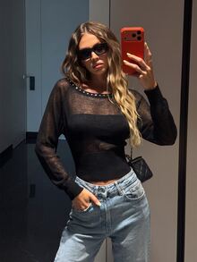 Selianne Women Goth Sexy Gothic Rhinestone Embellished Boat Neck Semi‑Sheer Knit Cover‑Up Top, Slim Long Sleeve Pullover Night Out Club Party Fall Black - Black - View 3