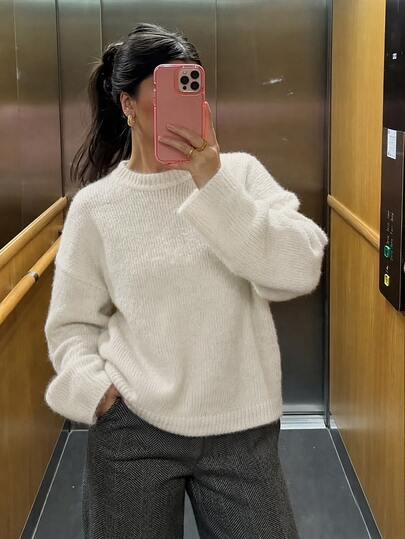 Selianne Women's Solid Color Casual White Sweater Knitted Cozy Knitwear French Fluffy Long Sleeve Sweater Brunch Off-White Autumn Winter Christmas Knitwear French