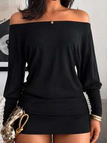 Resyla Women's Solid Color Off-Shoulder Long Sleeve Pleated Fashion Mini Dress - Black - View 3