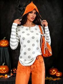 INAWLY 女款花卉刺繡印花長袖休閒可愛 70 年代圓領 T 恤，波希米亞風白色波點野餐日常白天萬聖節秋季 - 彩色 - 查看 1