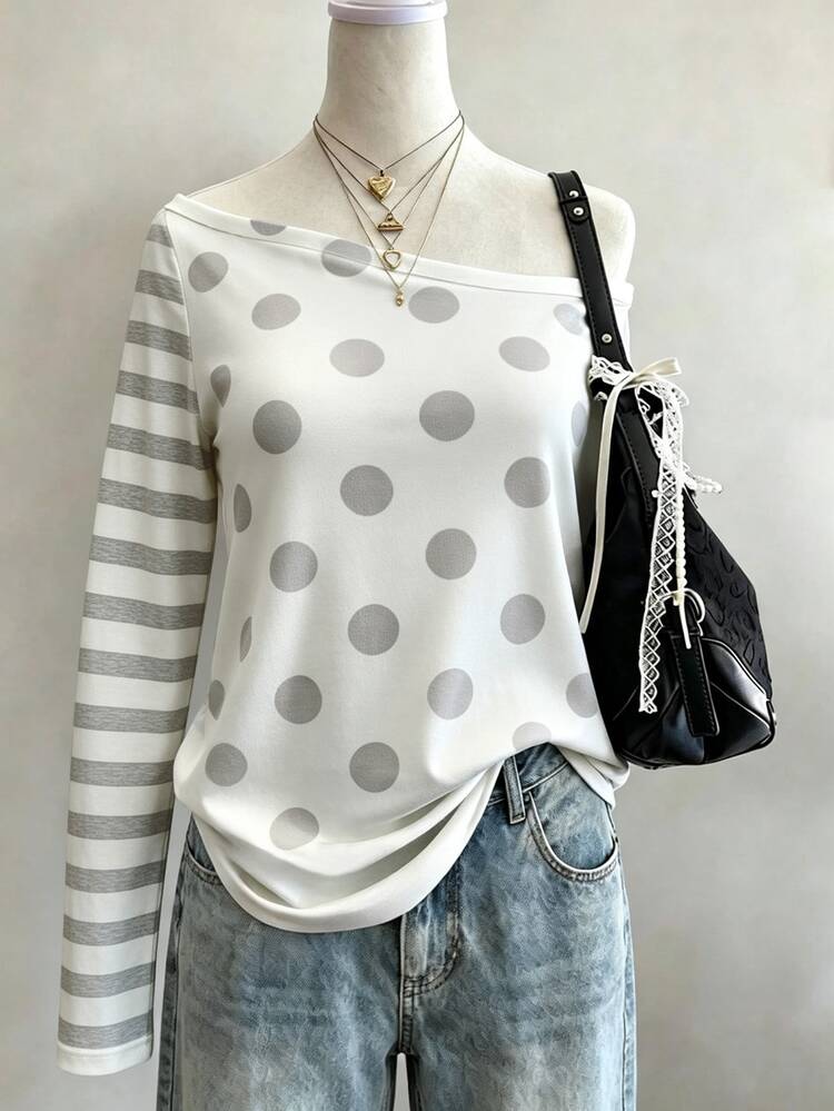 INAWLY Women's Floral Embroidered Print Long Sleeve Casual Cute 70s Crew Neck T-Shirt, Bohemian Style White Polka Dot Picnic Everyday Daytime Halloween Fall - Multicolor - View 3