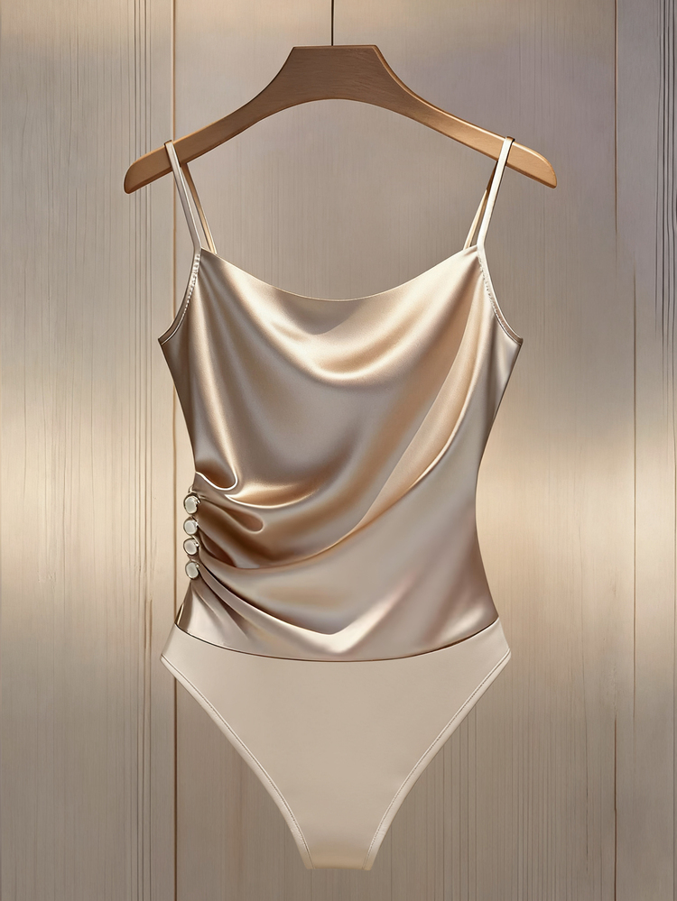 Franclia Women's Champagne Gold Cowl Neck Bodysuit,Seductive Metallic Satin Ruffle Trim Fitted Top,Summer Night Out One Piece Cream Beige Bathing Suit - Apricot - View 4