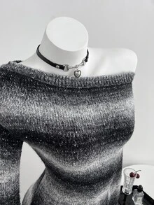 Elamini 女款不對稱肩漸層拼色條紋修身迷你燈籠袖可愛精緻復古針織洋裝 - 黑色 - 查看 7