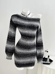 Elamini 女款不對稱肩漸層拼色條紋修身迷你燈籠袖可愛精緻復古針織洋裝 - 黑色 - 查看 5