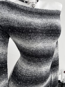 Elamini 女款不對稱肩漸層拼色條紋修身迷你燈籠袖可愛精緻復古針織洋裝 - 黑色 - 查看 6
