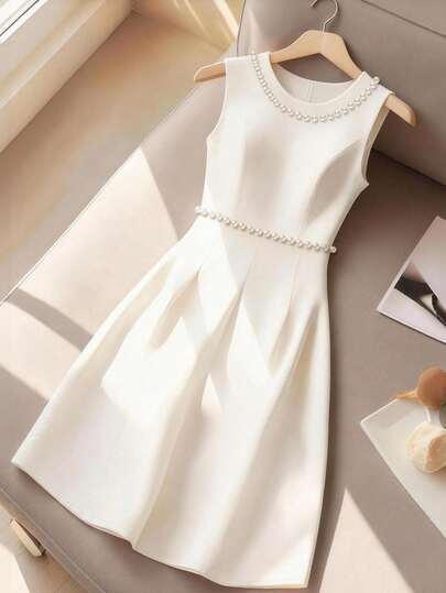 Franclia Women's Elegant White Pearl Collar Sleeveless Dress,French Solid Color Classy Ivory Cream Pearl Embellished Decorated Dress For Summer Party