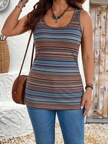 EMERY ROSE Plus Size Blue Colorblock Round Neck Sleeveless Casual Traditional Versatile Tank Top Spring Summer 2026 Formal Vacation - Multicolor - View 1