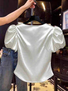 Franclia Women Solid Color Casual Satin Balloon Sleeve T-Shirt - White - View 2