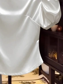 Franclia Women Solid Color Casual Satin Balloon Sleeve T-Shirt - White - View 5
