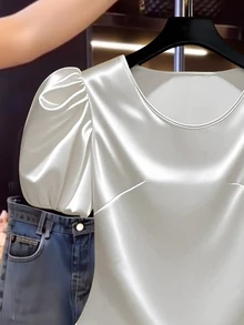Franclia Women Solid Color Casual Satin Balloon Sleeve T-Shirt - White - View 4
