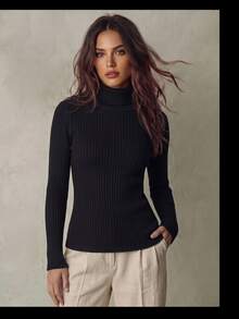 SHEIN Fiorisel New Arrival Slim Fit Turtleneck Knitted Fashion Pullover Sweater For Women, Autumn/Winter Fall - Black - View 3