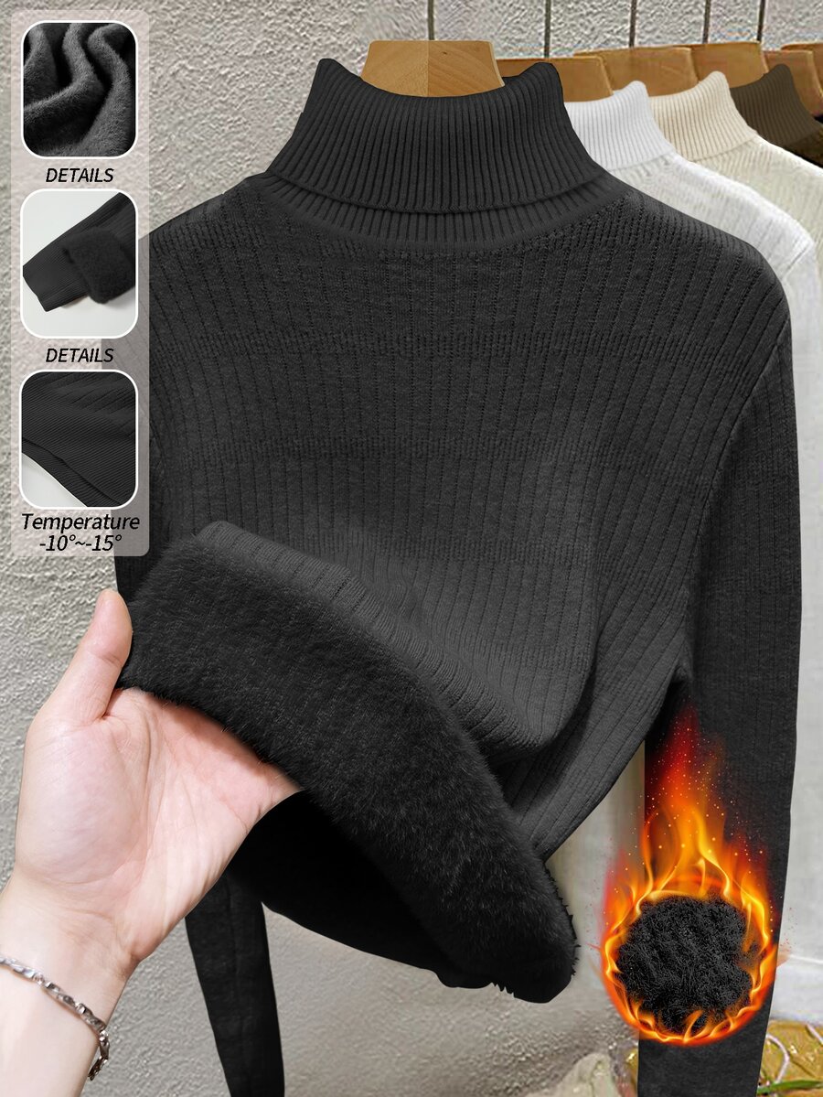 SHEIN Fiorisel New Arrival Slim Fit Turtleneck Knitted Fashion Pullover Sweater For Women, Autumn/Winter Fall - Black - View 1