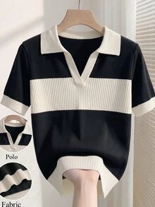 SHEIN 女款春夏對比色簡約日常 Polo 領短袖休閒修身針織上衣，夏季度假優雅休閒百搭，適合外出、度假、辦公室穿著 - 黑與白 - 查看 6
