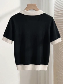 SHEIN 女款春夏對比色簡約日常 Polo 領短袖休閒修身針織上衣，夏季度假優雅休閒百搭，適合外出、度假、辦公室穿著 - 黑與白 - 查看 2