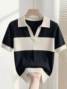 SHEIN 女款春夏對比色簡約日常 Polo 領短袖休閒修身針織上衣，夏季度假優雅休閒百搭，適合外出、度假、辦公室穿著 - 黑與白 - 查看 5