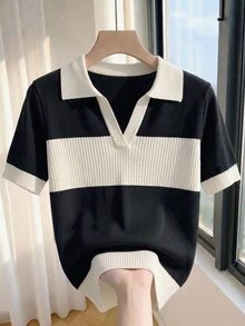 SHEIN 女款春夏對比色簡約日常 Polo 領短袖休閒修身針織上衣，夏季度假優雅休閒百搭，適合外出、度假、辦公室穿著 - 黑與白 - 查看 7