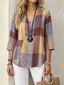 SHEIN Middle-Aged Women Colorful Plaid V-Neck Short Sleeve Casual Vacation Daily Spring Autumn Shirt - Multicolor - View 3