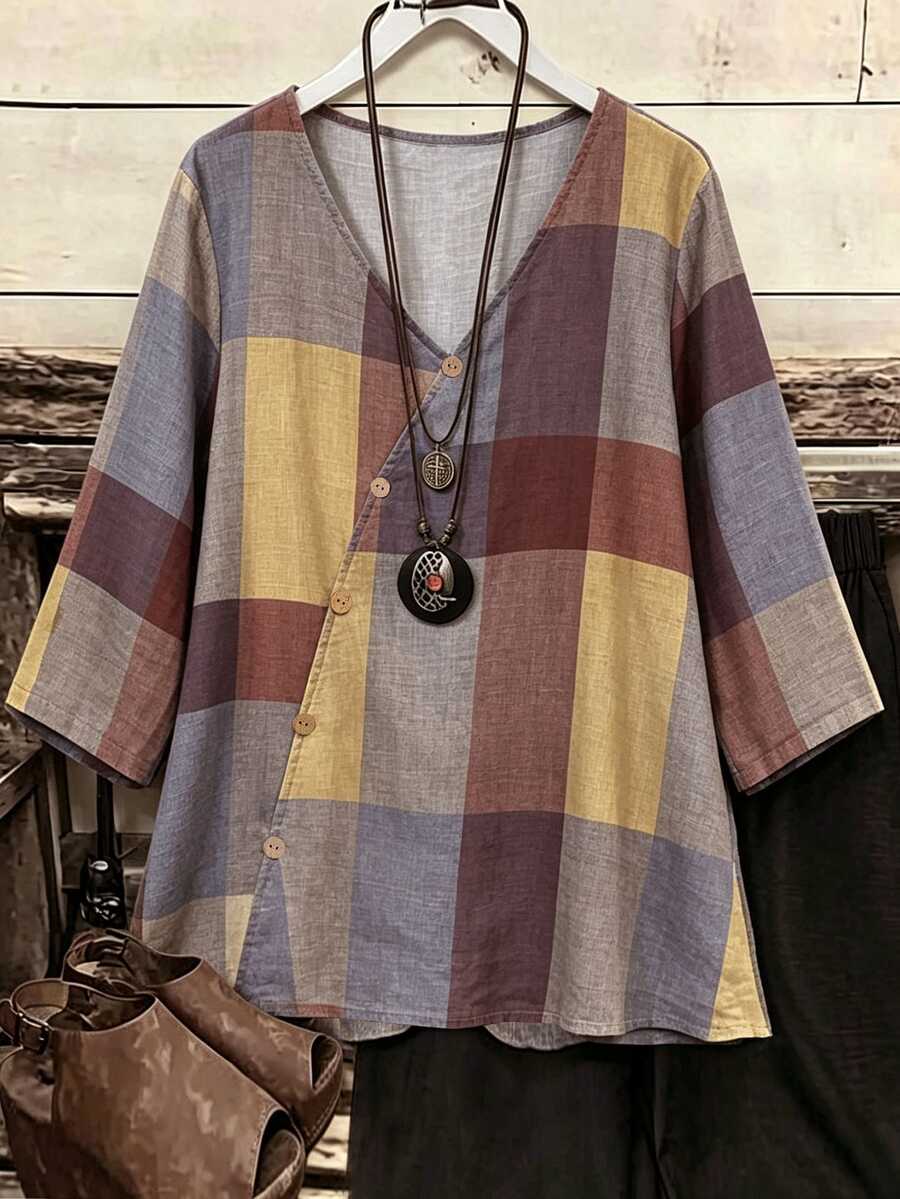 SHEIN Middle-Aged Women Colorful Plaid V-Neck Short Sleeve Casual Vacation Daily Spring Autumn Shirt - Multicolor - View 1