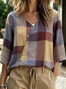SHEIN Middle-Aged Women Colorful Plaid V-Neck Short Sleeve Casual Vacation Daily Spring Autumn Shirt - Multicolor - View 4