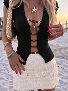 Opulessa Casual Vacation Solid Color Knit Women's T-Shirt - Black - View 2
