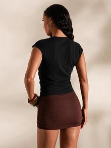 Opulessa Casual Vacation Solid Color Knit Women's T-Shirt - Black - View 7