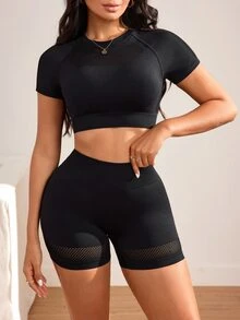 Slayform Women's Seamless Mesh Sexy Short Sleeve T-Shirt & Shorts Sports Set, Suitable For Running, Workout, Yoga - Black - View 5