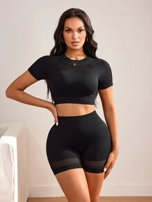 Slayform Women's Seamless Mesh Sexy Short Sleeve T-Shirt & Shorts Sports Set, Suitable For Running, Workout, Yoga - Black - View 4