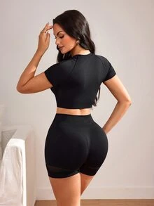 Slayform Women's Seamless Mesh Sexy Short Sleeve T-Shirt & Shorts Sports Set, Suitable For Running, Workout, Yoga - Black - View 3