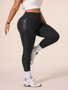 SHEIN Rhythm Era 女款大尺碼純色高腰日常健身運動緊身褲 - 黑色 - 查看 2
