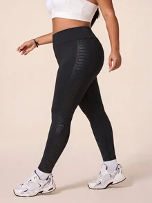 SHEIN Rhythm Era 女款大尺碼純色高腰日常健身運動緊身褲 - 黑色 - 查看 4