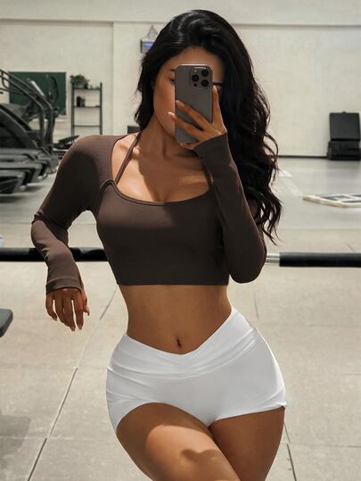 SHEIN Yoga Sxy Seamless Thumb Hole Crop Sports Long Sleeve Tee Fitted Shirt,Active Comfy Workout Gym Running Run Club, Padel, Tennis, Pickleball Gym Fitness