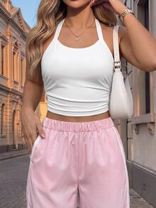 Pariaura Áo tank top thể thao dáng ngắn màu trơn hở lưng cổ yếm - trắng - Xem 3