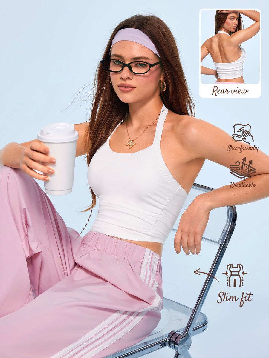 Pariaura Áo tank top thể thao dáng ngắn màu trơn hở lưng cổ yếm - trắng - Xem 1