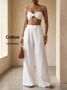 BamGleam Summer White Simple Vacation Holiday Pure Solid Bandeau Top And Wide Leg Pants Set,Bow Decor Cropped Blouse+Flowing Trousers,Chic Style For Date,Beach - White - View 1