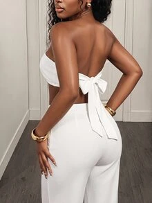 BamGleam Summer White Simple Vacation Holiday Pure Solid Bandeau Top And Wide Leg Pants Set,Bow Decor Cropped Blouse+Flowing Trousers,Chic Style For Date,Beach - White - View 2