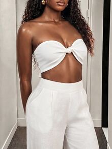 BamGleam Summer White Simple Vacation Holiday Pure Solid Bandeau Top And Wide Leg Pants Set,Bow Decor Cropped Blouse+Flowing Trousers,Chic Style For Date,Beach - White - View 4
