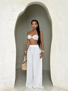 BamGleam Summer White Simple Vacation Holiday Pure Solid Bandeau Top And Wide Leg Pants Set,Bow Decor Cropped Blouse+Flowing Trousers,Chic Style For Date,Beach - White - View 7