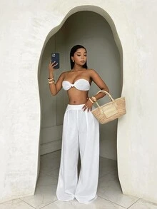 BamGleam Summer White Simple Vacation Holiday Pure Solid Bandeau Top And Wide Leg Pants Set,Bow Decor Cropped Blouse+Flowing Trousers,Chic Style For Date,Beach - White - View 8