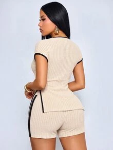 SOLERSUN Set Pakaian Santai Wanita Seksi Elegan untuk Musim Panas, Desain Lapisan Dasar, Hem Asimetris, Warna Kontras, Warna Hitam - Aprikot - View 2
