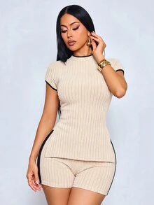 SOLERSUN Set Pakaian Santai Wanita Seksi Elegan untuk Musim Panas, Desain Lapisan Dasar, Hem Asimetris, Warna Kontras, Warna Hitam - Aprikot - View 7
