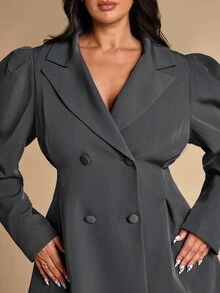 SHEIN BAE CURVE Plus Size Grey Double-Breasted Long Blazer - Dark Grey - View 11