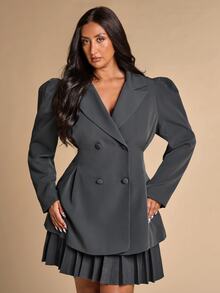 SHEIN BAE CURVE Plus Size Grey Double-Breasted Long Blazer - Dark Grey - View 7