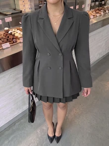SHEIN BAE CURVE Plus Size Grey Double-Breasted Long Blazer - Dark Grey - View 9