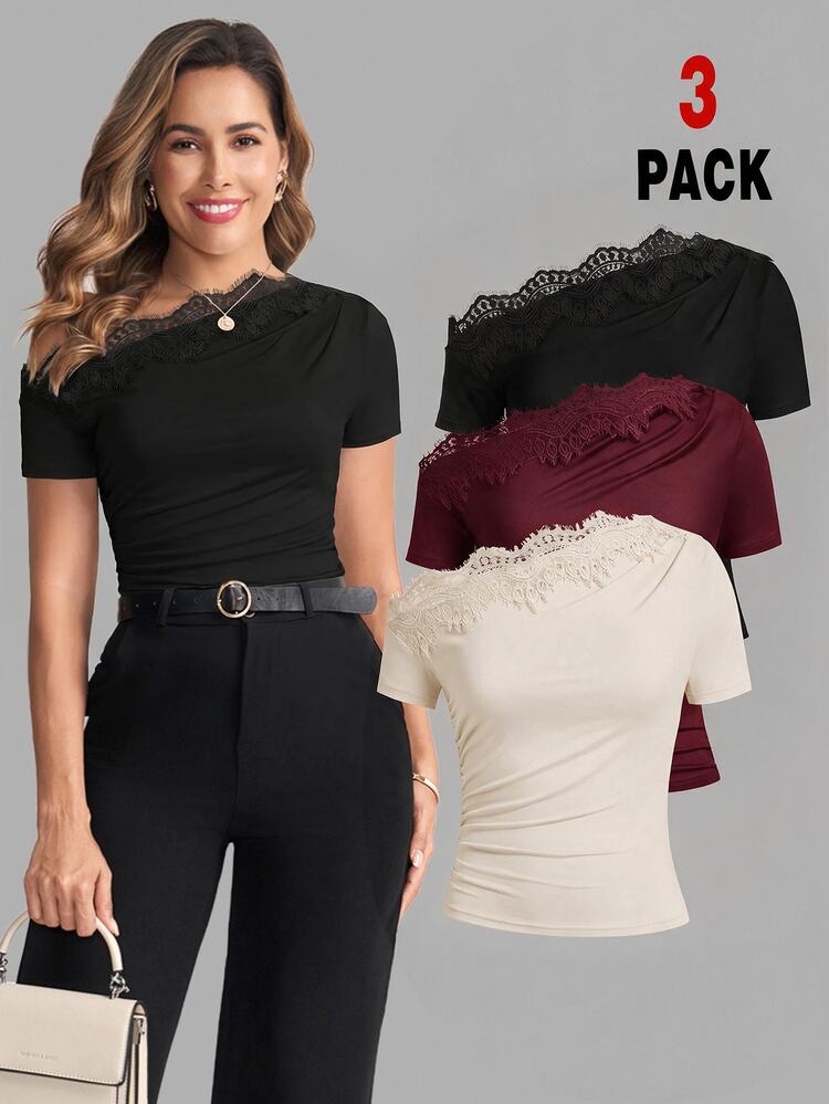 SHEIN Clasi Women's Solid Color Contrast Lace Asymmetric Shoulder Short Sleeve Fashion T-Shirt Night Out Black Burgundy Off-White Summer Sexy - Multicolor - View 1