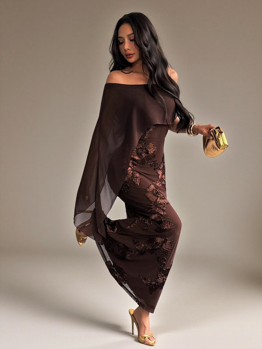 SHEIN PETITE Women's French Elegant Embroidered Mesh Off-Shoulder Dress - Coffee Brown - View 1