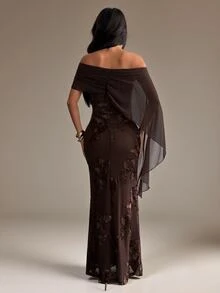 SHEIN PETITE Women's French Elegant Embroidered Mesh Off-Shoulder Dress - Coffee Brown - View 2