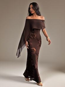 SHEIN PETITE Women's French Elegant Embroidered Mesh Off-Shoulder Dress - Coffee Brown - View 9