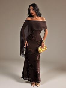 SHEIN PETITE Women's French Elegant Embroidered Mesh Off-Shoulder Dress - Coffee Brown - View 8