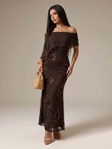 SHEIN PETITE Women's French Elegant Embroidered Mesh Off-Shoulder Dress - Coffee Brown - View 11
